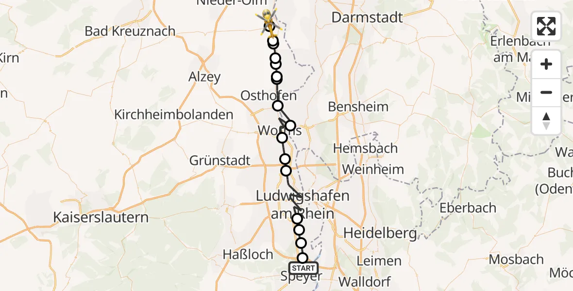Flugroute Rettungshubschrauber Speyer - Nierstein, 30 April 2026, 08:34