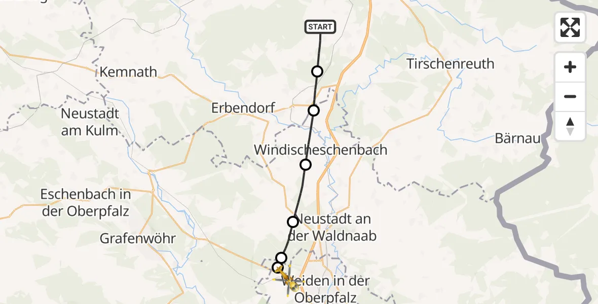 Flugroute Rettungshubschrauber Wiesau - Weiden i.d.OPf., 30 April 2026, 08:35