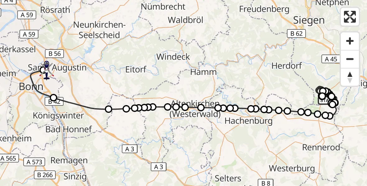 Flugroute Polizeihubschrauber Siegerland Flughafen - Sankt Augustin, 30 April 2026, 08:36