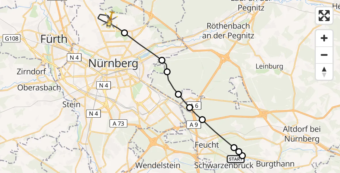 Flugroute Rettungshubschrauber Rummelsberg Hospital - Flughafen Nuremberg, 30 April 2026, 08:37