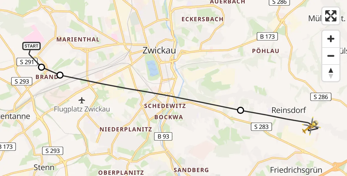 Flugroute Rettungshubschrauber ADAC Air Rescue Station Zwickau Hubschrauberlandeplatz - Reinsdorf, 30 April 2026, 08:38
