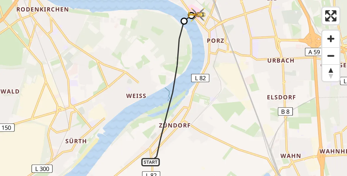 Flugroute Ambulanzhubschrauber Köln - Porz am Rhein Hospital, 30 April 2026, 09:10