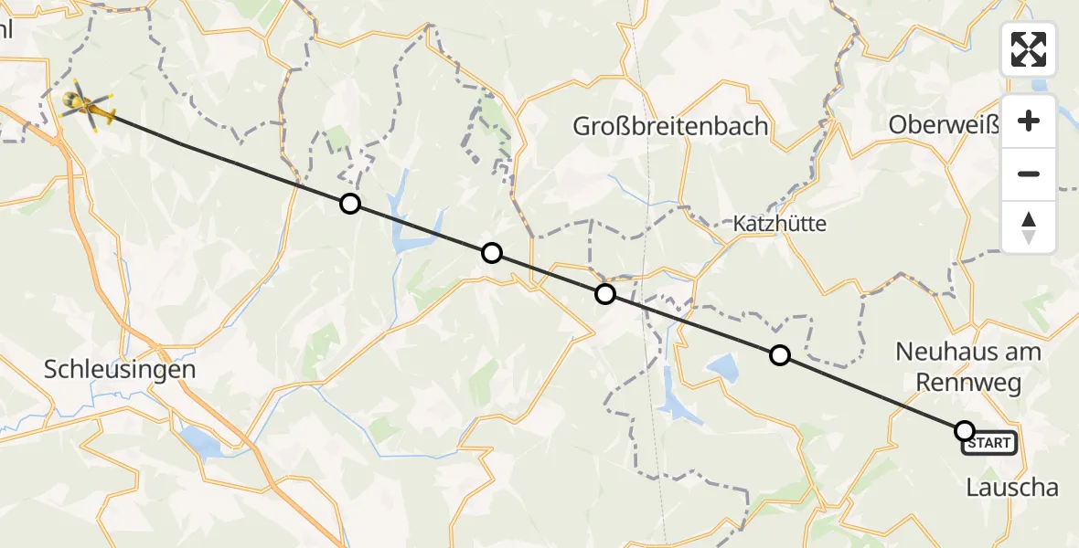 Flugroute Rettungshubschrauber Lauscha - Schleusingen, 30 April 2026, 09:11