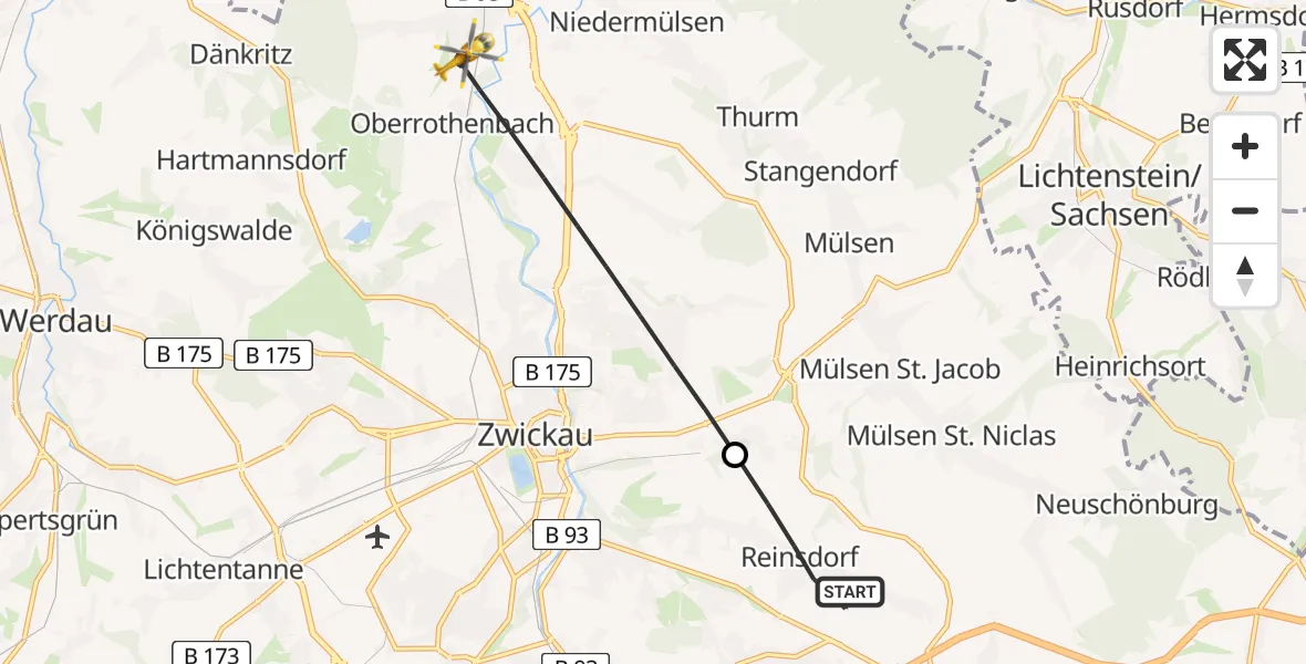 Flugroute Rettungshubschrauber Reinsdorf - Zwickau, 30 April 2026, 09:12