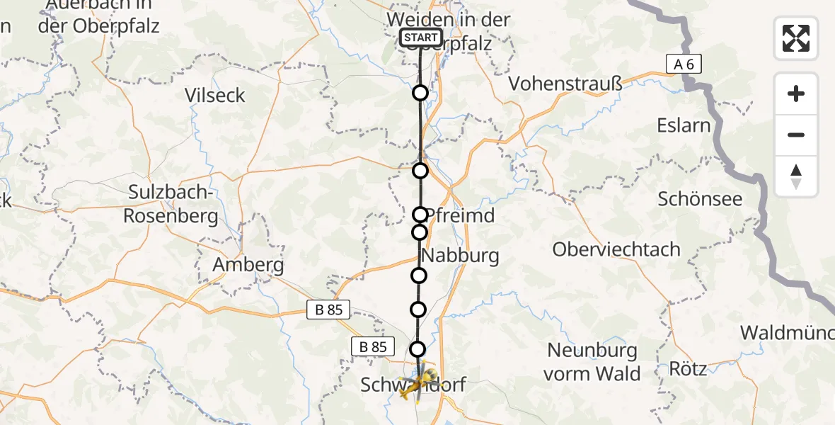 Flugroute Rettungshubschrauber Weiden i.d.OPf. - Schwandorf, 30 April 2026, 09:12