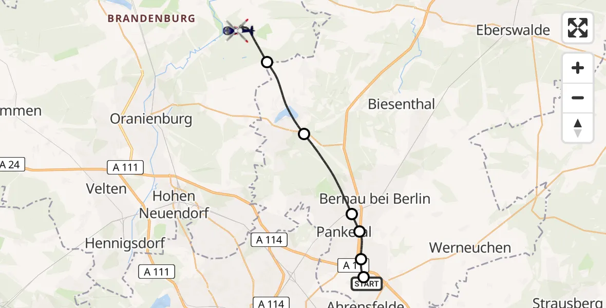 Flugroute Polizeihubschrauber Ahrensfelde Hubschrauberlandeplatz - Liebenwalde, 30 April 2026, 09:16