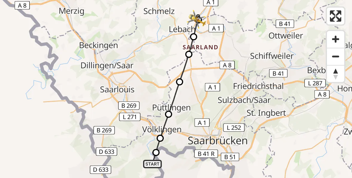 Flugroute Rettungshubschrauber Großrosseln - Lebach, 30 April 2026, 09:17