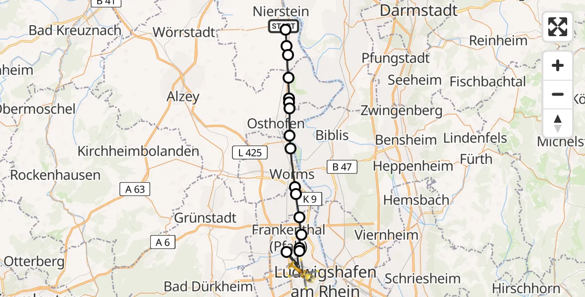 Flugroute Rettungshubschrauber Oppenheim - Ludwigshafen Accident Hospital Hubschrauberlandeplatz, 30 April 2026, 09:21