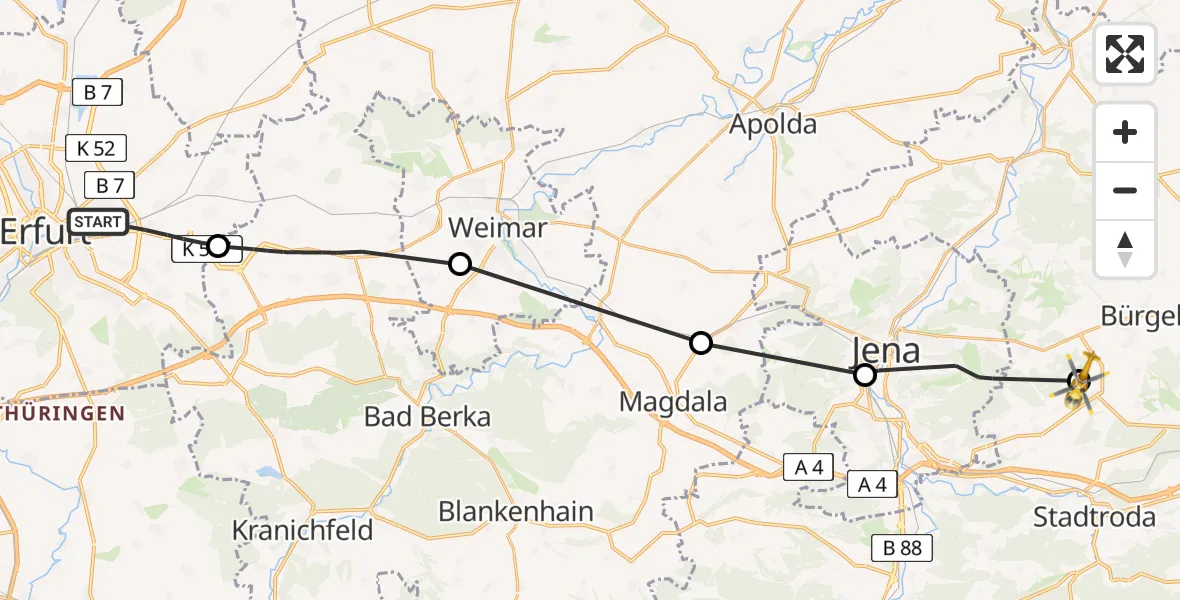 Flugroute Rettungshubschrauber Erfurt - Jena-Schöngleina Flugplatz, 30 April 2026, 09:25