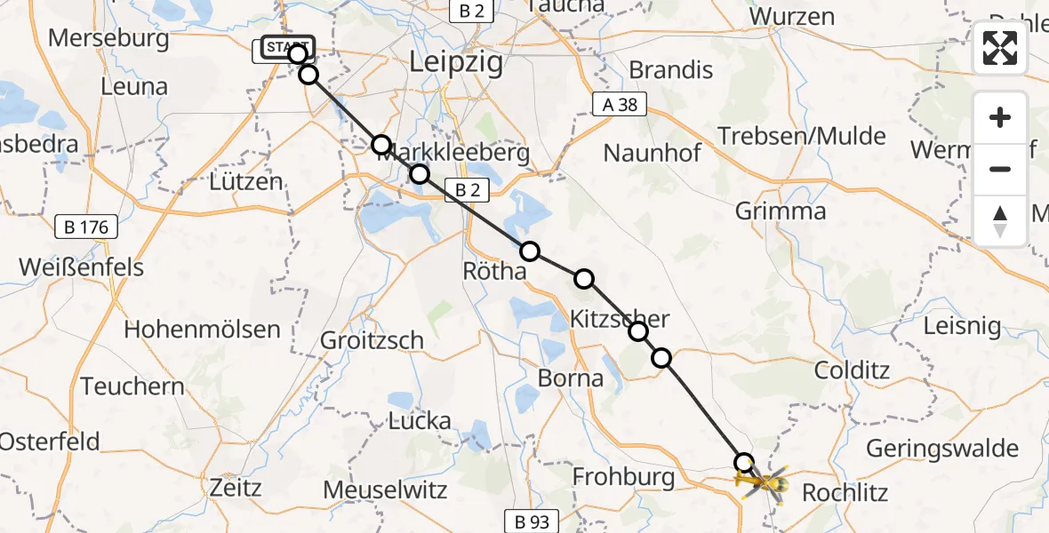 Flugroute Rettungshubschrauber ADAC Air Rescue Station Leipzig/Schkeuditz-Dölzig Hubschrauberlandeplatz (Christoph 61) - Geithain, 30 April 2026, 09:32