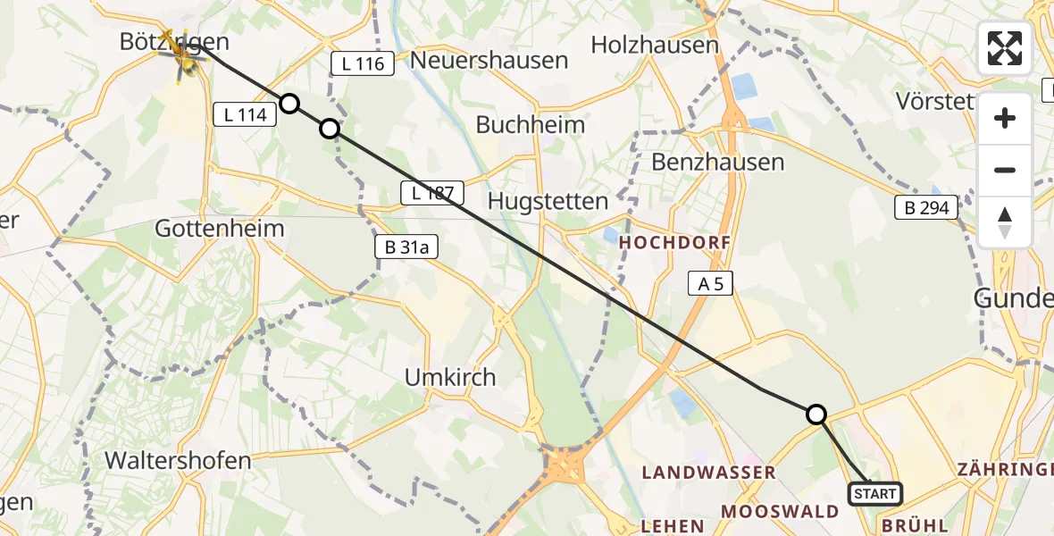 Flugroute Rettungshubschrauber Freiburg im Breisgau Flugplatz - Bötzingen, 30 April 2026, 09:36