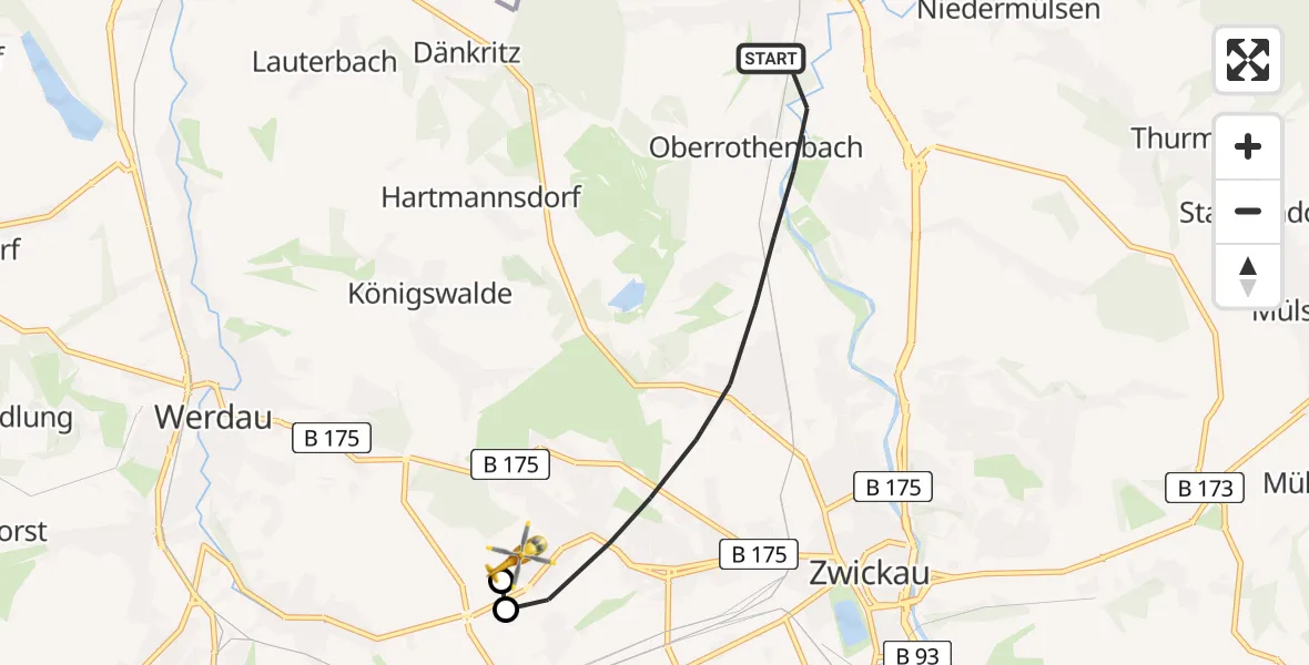 Flugroute Rettungshubschrauber Zwickau - ADAC Air Rescue Station Zwickau Hubschrauberlandeplatz, 30 April 2026, 09:42