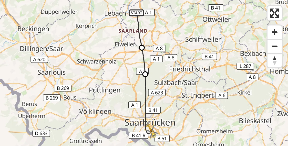 Flugroute Rettungshubschrauber Eppelborn - Saarbrücken, 30 April 2026, 09:47