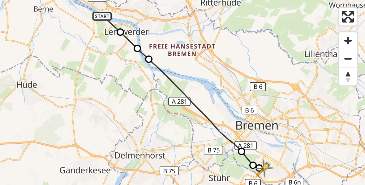 Flugroute Rettungshubschrauber Berne - ADAC Air Rescue Station Bremen Hubschrauberlandeplatz (Christoph 6), 30 April 2026, 09:47