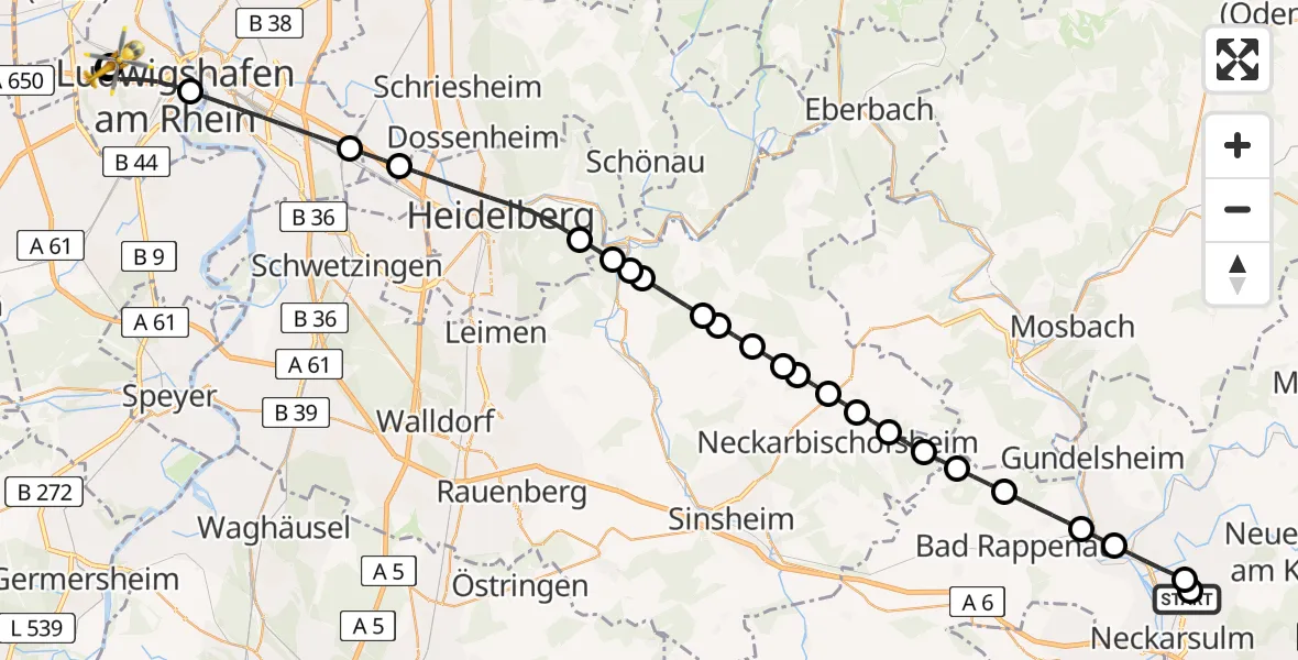 Flugroute Rettungshubschrauber Klinikum am Plattenwald - Ludwigshafen Accident Hospital, 30 April 2026, 09:51