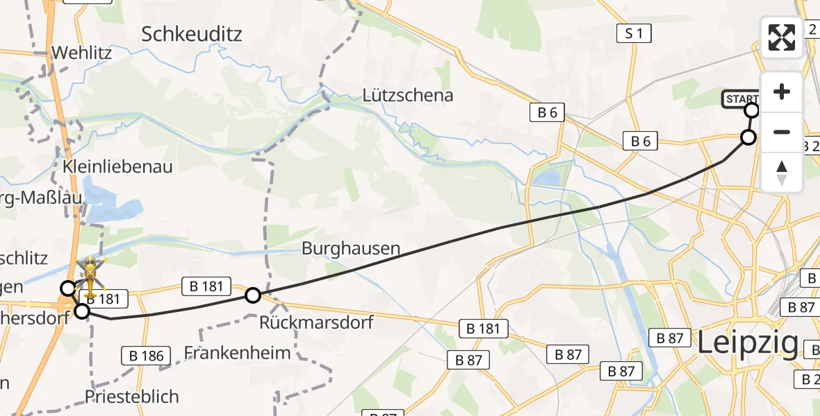 Flugroute Rettungshubschrauber Sankt Georg Hospital Leipzig Reserve - ADAC Air Rescue Station Leipzig/Schkeuditz-Dölzig Hubschrauberlandeplatz (Christoph 61), 30 April 2026, 09:57