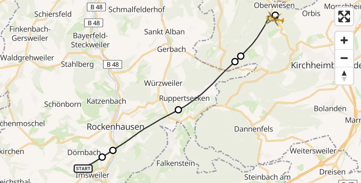 Flugroute Rettungshubschrauber Imsweiler UL - Kirchheimbolanden, 30 April 2026, 09:57
