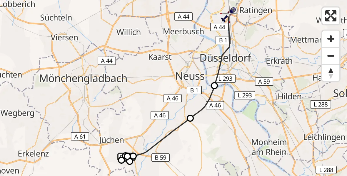 Flugroute Polizeihubschrauber Grevenbroich - Düsseldorf Flughafen, 30 April 2026, 09:59