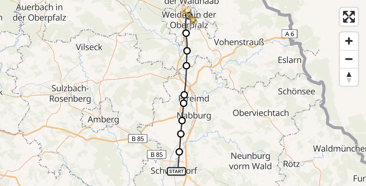 Flugroute Rettungshubschrauber Schwandorf - Weiden Hospital, 30 April 2026, 09:59