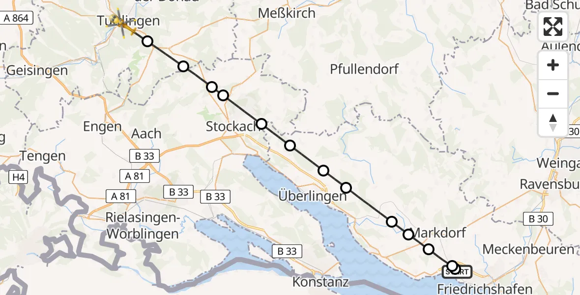 Flugroute Rettungshubschrauber Friedrichshafen Hospital - Tuttlingen, 30 April 2026, 10:04