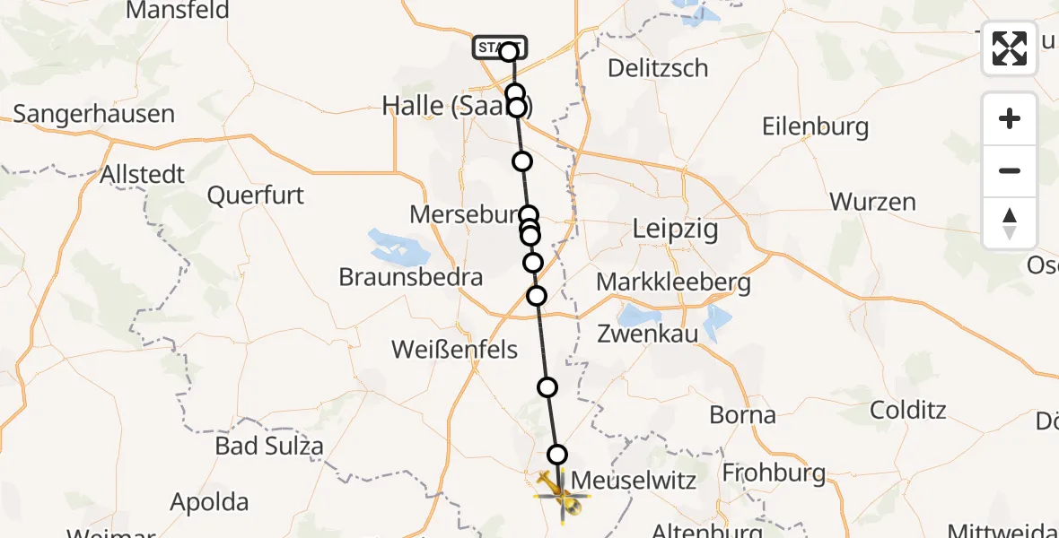 Flugroute Rettungshubschrauber Halle-Oppin Flugplatz - Zeitz Hospital, 30 April 2026, 10:04