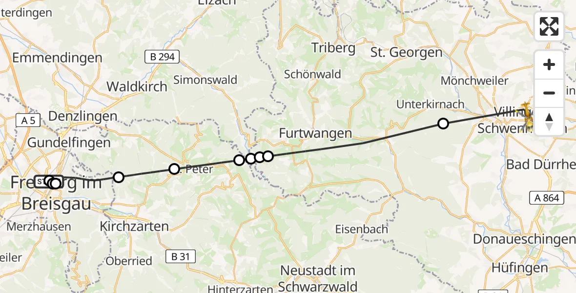 Flugroute Rettungshubschrauber Freiburg University Hospital Heliport 1 - DRF Air Rescue Station Villingen-Schwenningen Hubschrauberlandeplatz (Christoph 11), 30 April 2026, 10:06