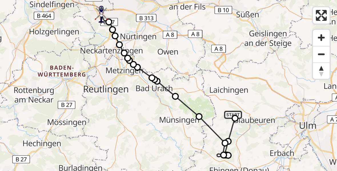 Flugroute Polizeihubschrauber Blaubeuren - Flughafen Stuttgart, 30 April 2026, 10:06