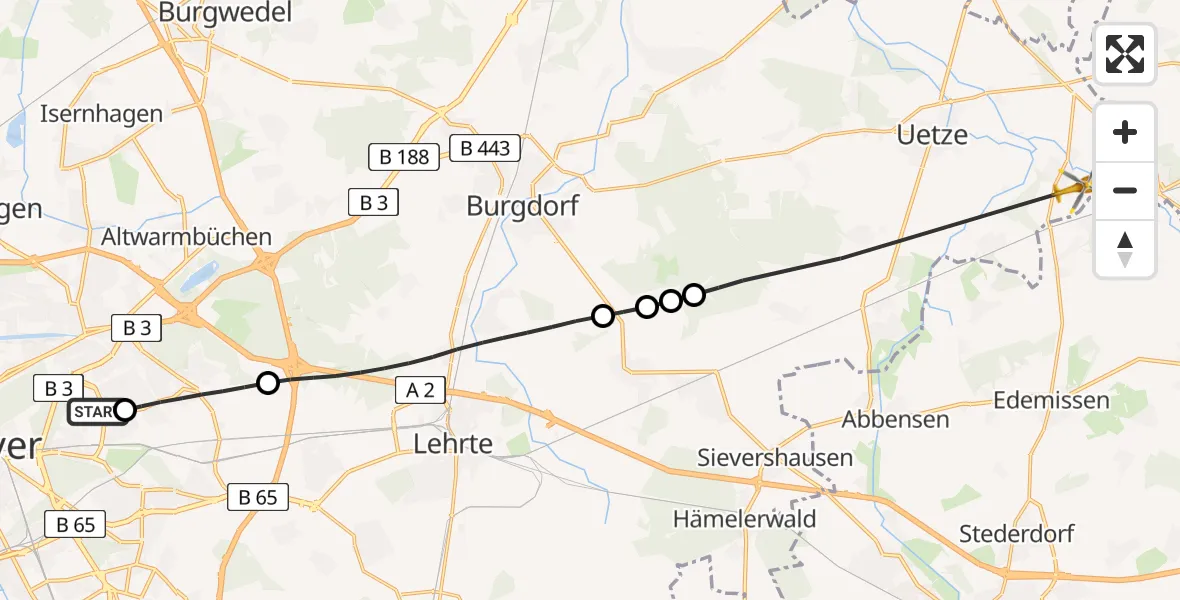 Flugroute Rettungshubschrauber Hannover Luftrettung Hubschrauberlandeplatz (Christoph 4) - Uetze, 30 April 2026, 10:10