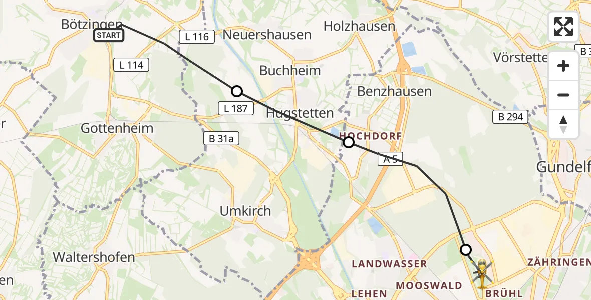Flugroute Rettungshubschrauber Bötzingen - Freiburg im Breisgau Flugplatz, 30 April 2026, 10:15