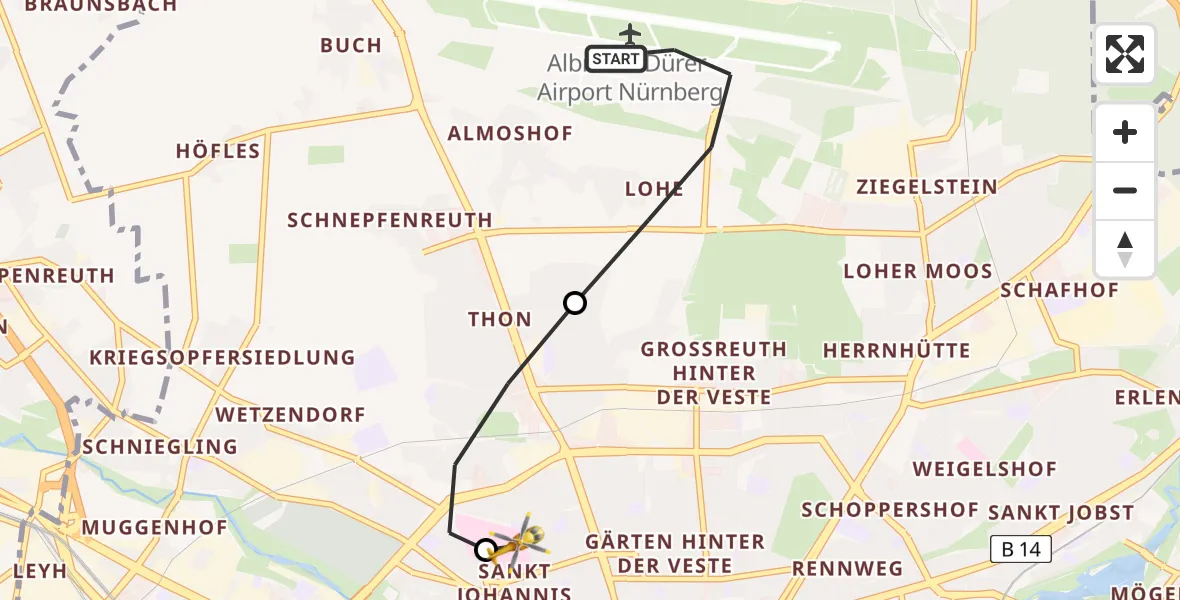 Flugroute Rettungshubschrauber Flughafen Nuremberg - Nürnberg North Hospital, 30 April 2026, 10:30