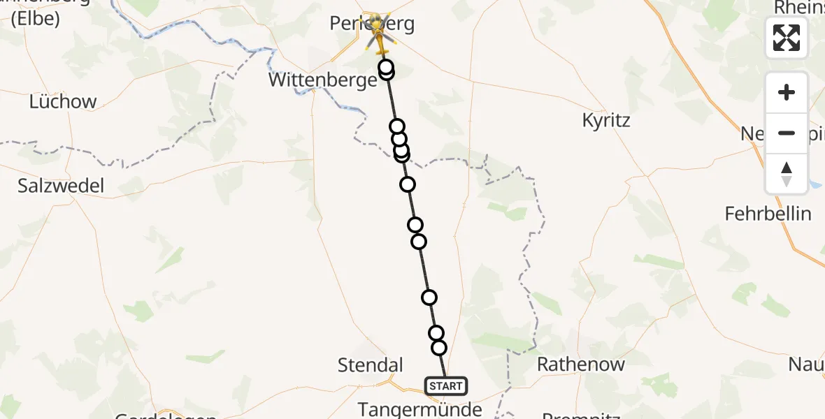 Flugroute Rettungshubschrauber Schönhausen (Elbe) - Perleberg, 30 April 2026, 10:40