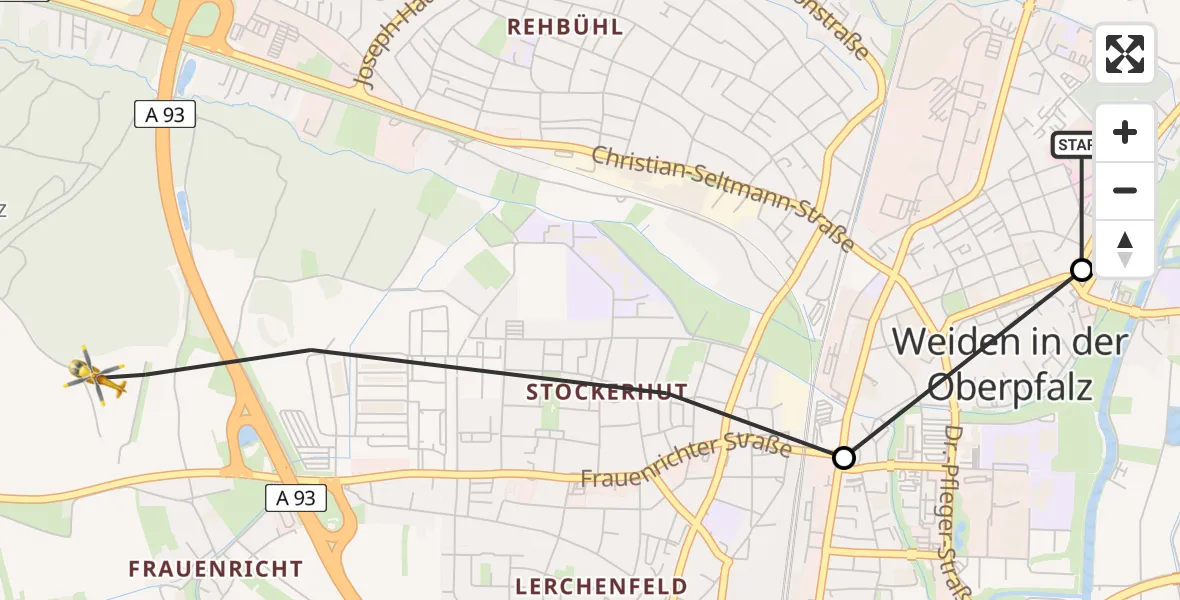 Flugroute Rettungshubschrauber Weiden Hospital - Weiden i.d.OPf., 30 April 2026, 10:42