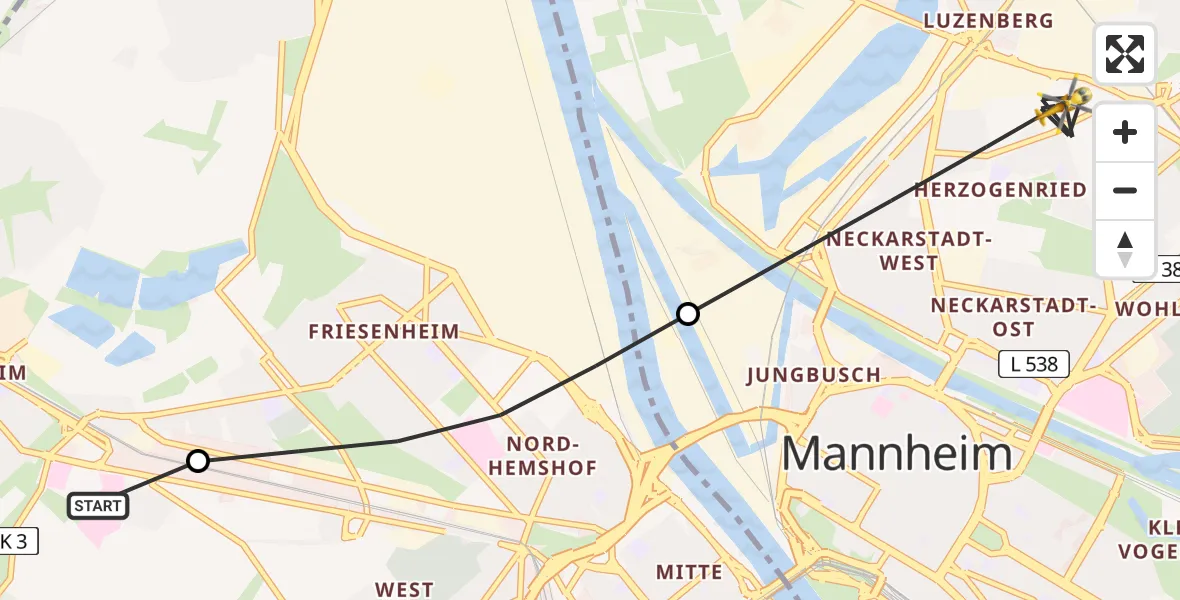 Flugroute Rettungshubschrauber Ludwigshafen Accident Hospital - Mannheim, 30 April 2026, 10:42
