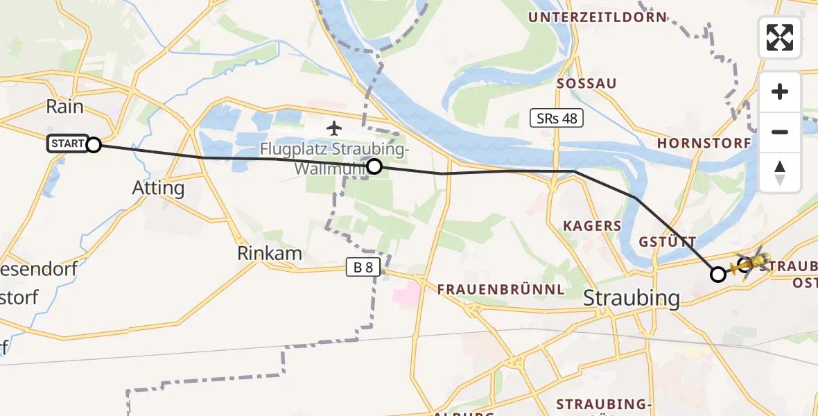 Flugroute Rettungshubschrauber Rain - Sankt Elisabeth Hospital Straubing, 30 April 2026, 10:44