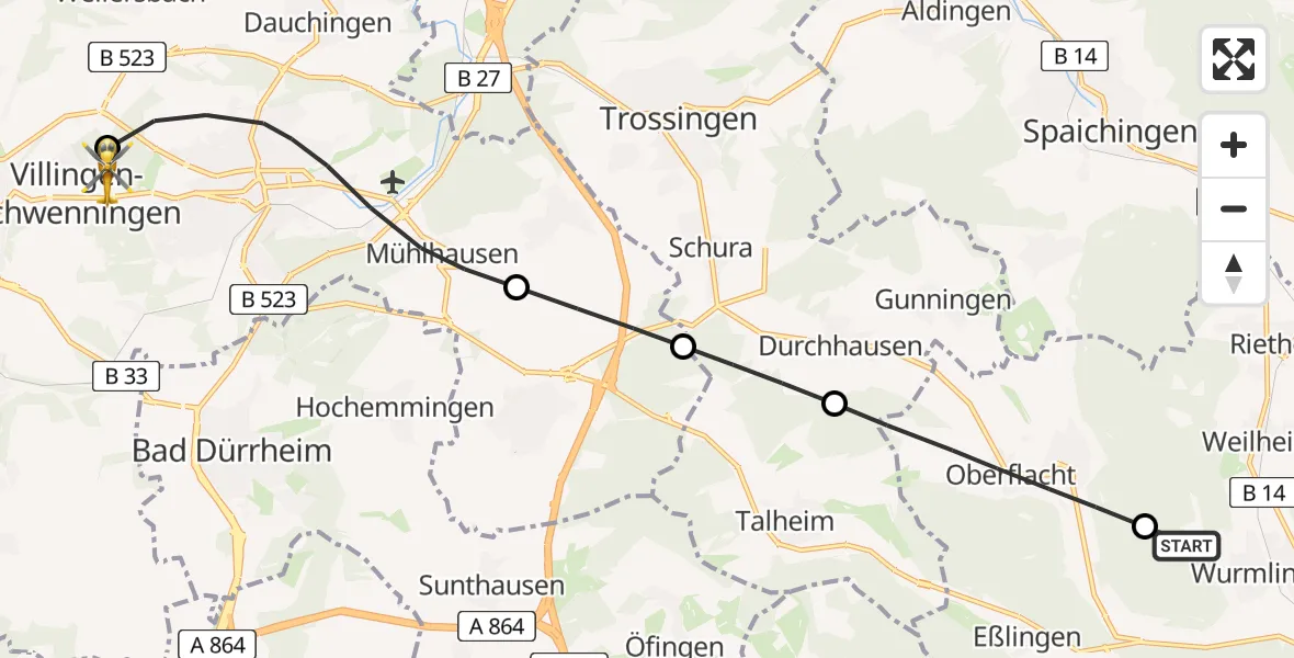 Flugroute Rettungshubschrauber Wurmlingen - DRF Air Rescue Station Villingen-Schwenningen Hubschrauberlandeplatz (Christoph 11), 30 April 2026, 10:47