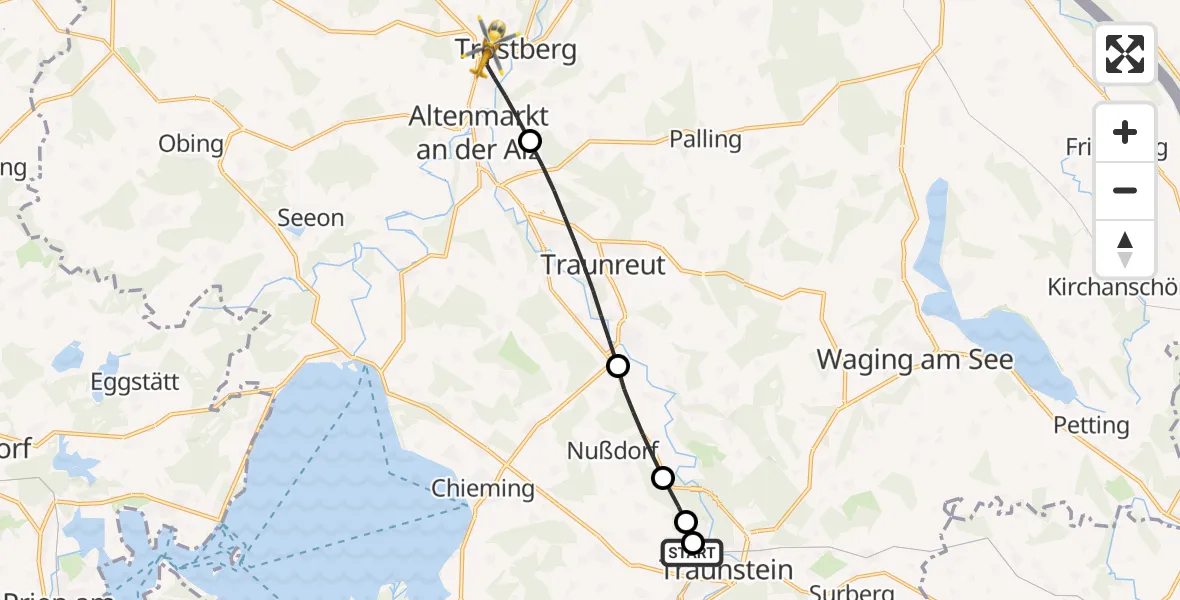 Flugroute Rettungshubschrauber Traunstein Hospital - Trostberg Krankenhaus Hubschrauberlandeplatz, 30 April 2026, 10:51