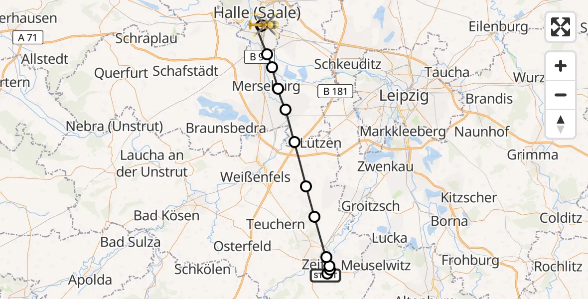 Flugroute Rettungshubschrauber Zeitz Hospital - BG Hospital Bergmannstrost Halle, 30 April 2026, 10:53