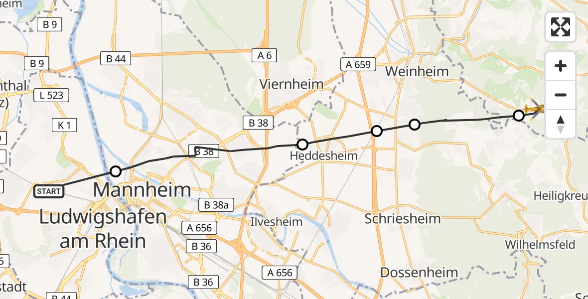 Flugroute Rettungshubschrauber Ludwigshafen am Rhein - Gorxheimertal, 30 April 2026, 10:54