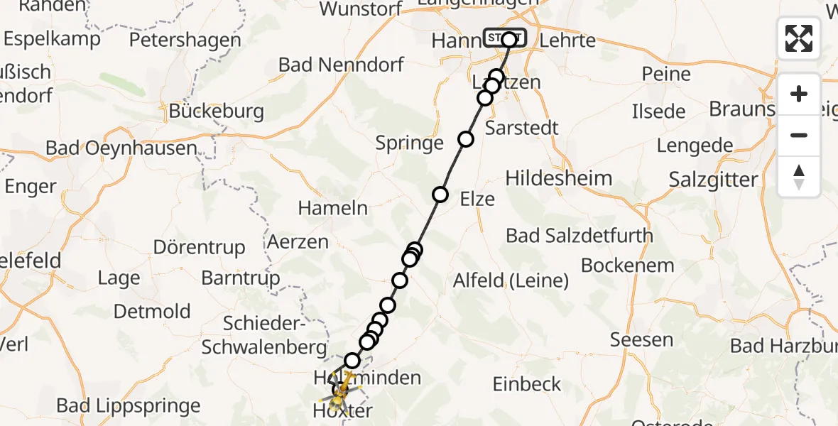 Flugroute Ambulanzhubschrauber Hannover Luftrettung Hubschrauberlandeplatz (Christoph 4) - Höxter-Holzminden Flugplatz, 30 April 2026, 10:57