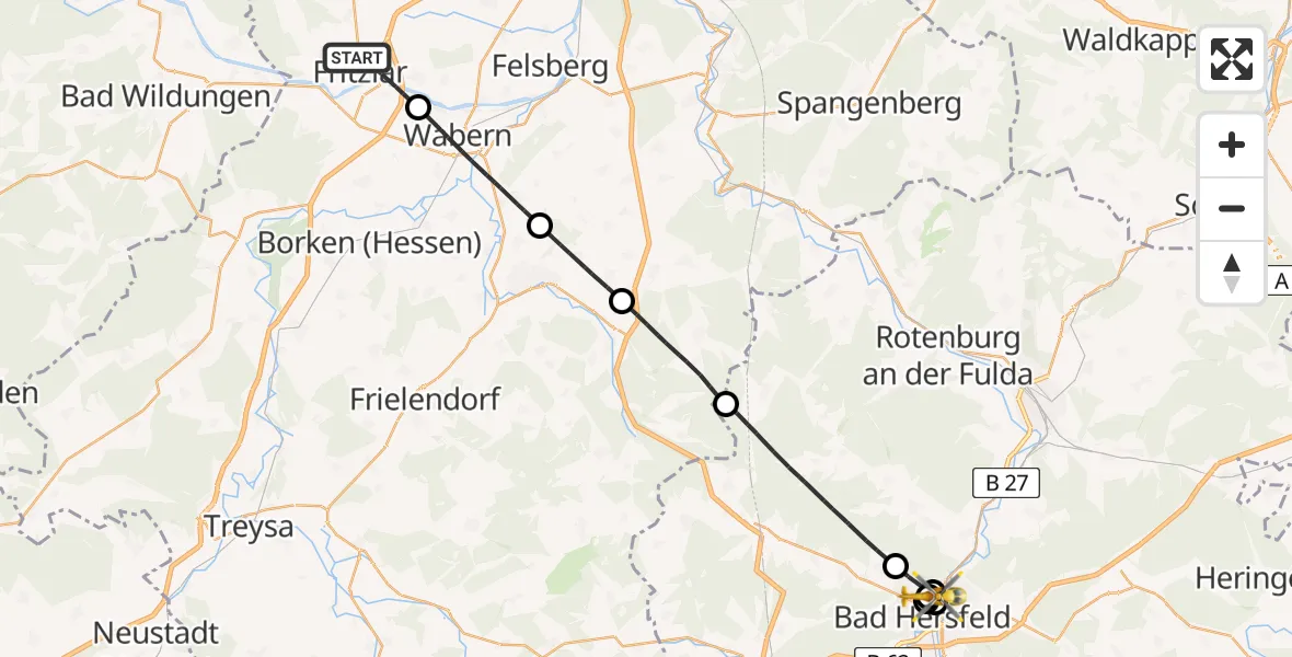 Flugroute Rettungshubschrauber Fritzlar - Bad Hersfeld Hospital, 30 April 2026, 11:00