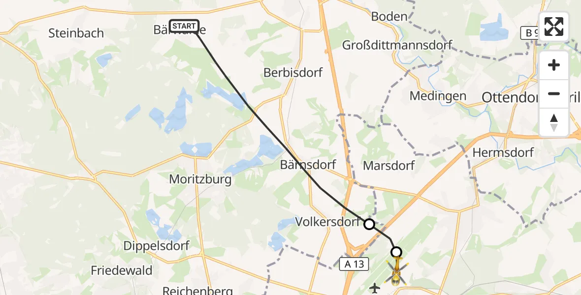 Flugroute Rettungshubschrauber Radeburg - Dresden Bundespolizei Hubschrauberlandeplatz, 30 April 2026, 11:05