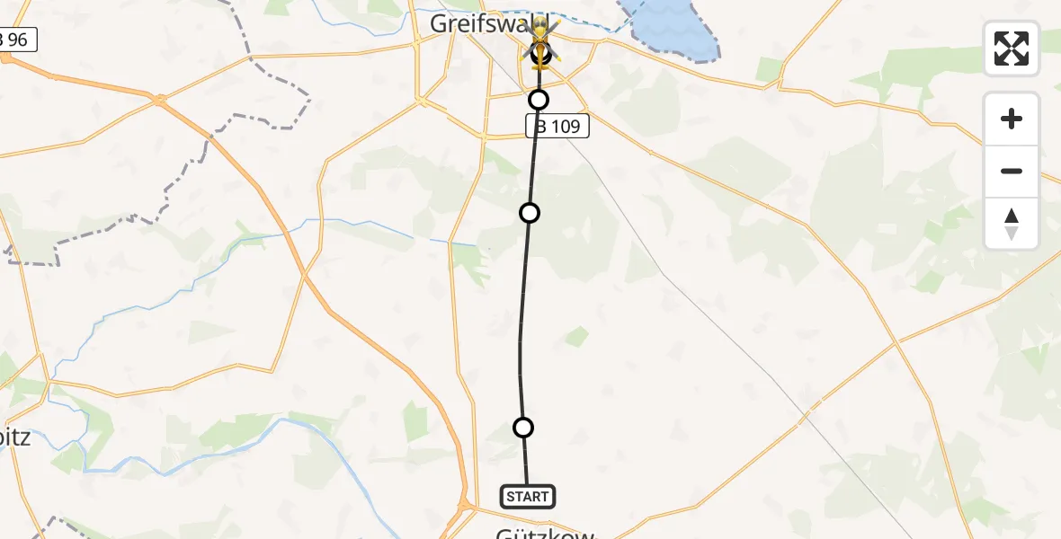 Flugroute Rettungshubschrauber Bandelin - Greifswald Hospital, 30 April 2026, 11:13