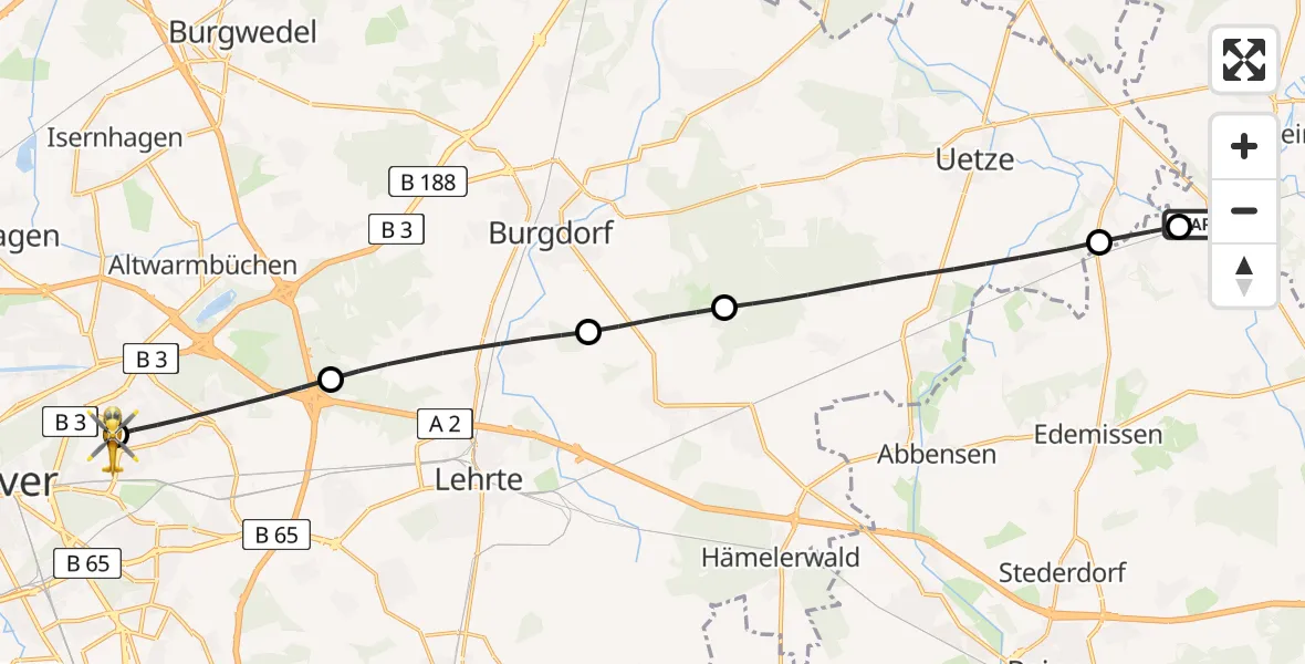 Flugroute Rettungshubschrauber Meinersen - Hannover Luftrettung Hubschrauberlandeplatz (Christoph 4), 30 April 2026, 11:14