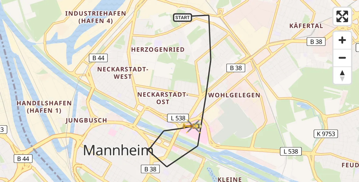 Flugroute Rettungshubschrauber Mannheim - Mannheim, 30 April 2026, 11:16