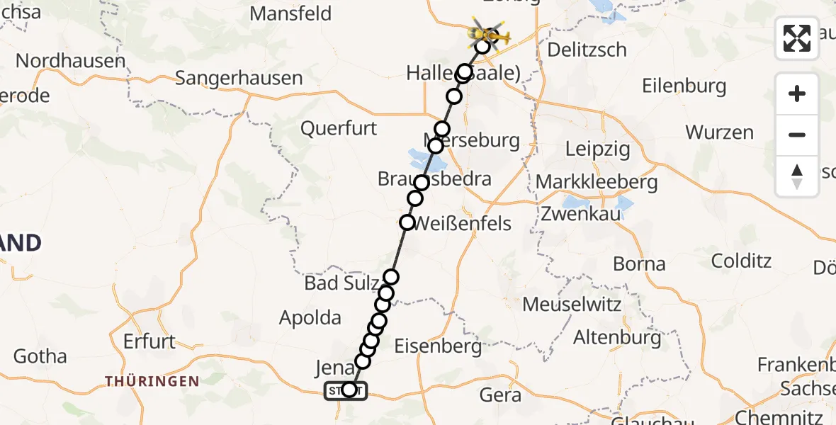 Flugroute Ambulanzhubschrauber Jena University Hospital - Halle-Oppin Flugplatz, 30 April 2026, 11:19