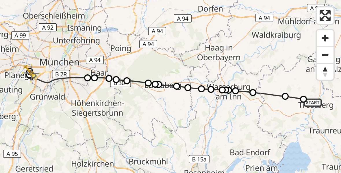 Flugroute Rettungshubschrauber Trostberg - DRF Air Rescue München Hubschrauberlandeplatz, 30 April 2026, 11:19
