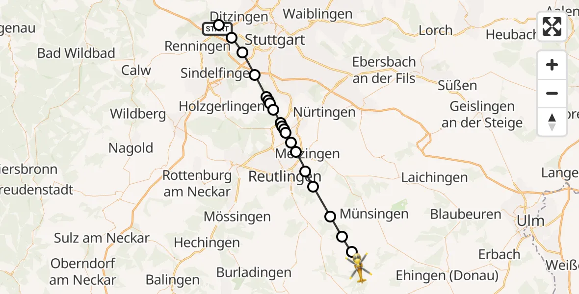 Flugroute Rettungshubschrauber Leonberg Hospital - Hayingen, 30 April 2026, 11:32