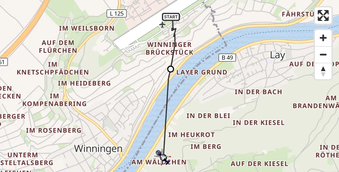 Flugroute Polizeihubschrauber Koblenz-Winningen Flugplatz - Koblenz, 30 April 2026, 11:40