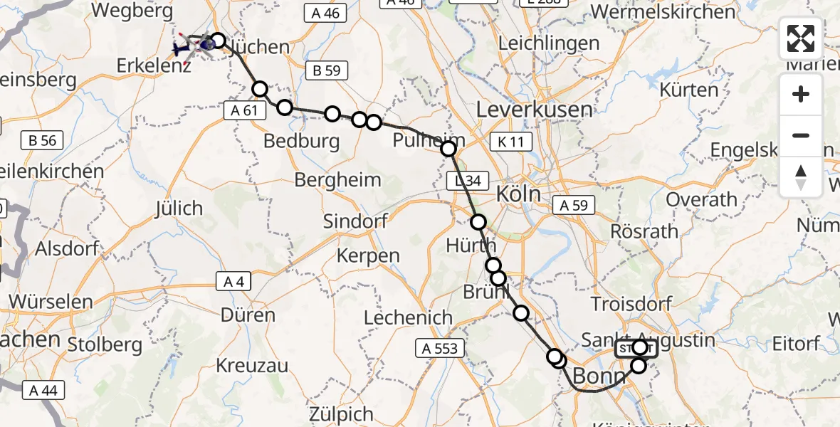 Flugroute Polizeihubschrauber Bonn-Hangelar Flugplatz - Mönchengladbach, 30 April 2026, 11:40