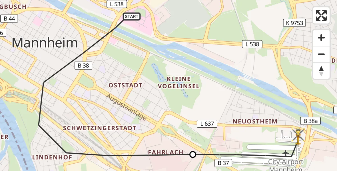 Flugroute Rettungshubschrauber Mannheim - Mannheim-City Flughafen, 30 April 2026, 11:45